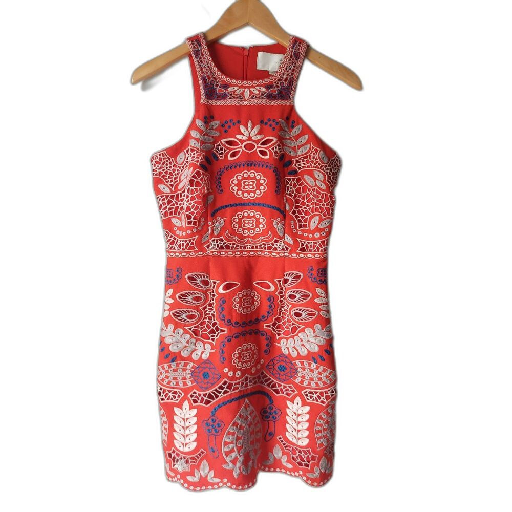 J.O.A. Red Embroidered Bodycon Dress Festival Statement Southwest Boho Sz XS